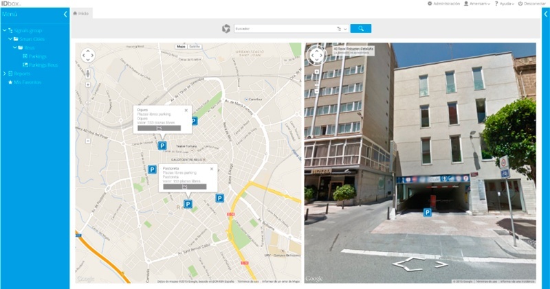 Figura 3. Vista integrada del mapa dinámico con la ubicación del parking y el visor de Google maps.