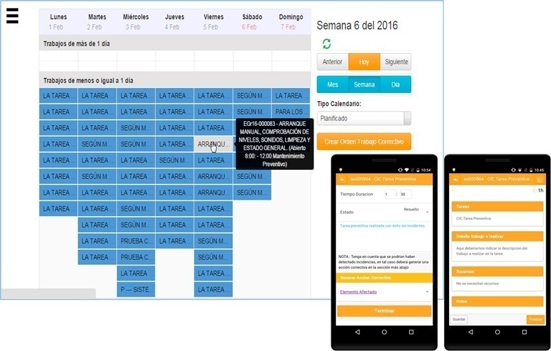 Calendario semanal de trabajos programados en la plataforma de movilidad FIELDEAS, vista desde la web en la oficina central y en los móviles de los operarios con las tareas personalizadas.