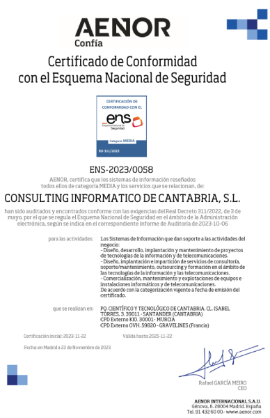 AENOR ha certificado a CIC dentro del Esquema Nacional de Seguridad (ENS), nivel medio
